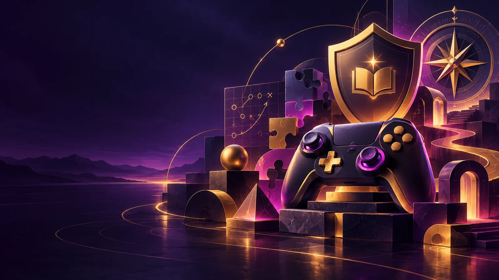 Purple and gold illustration of mobile gaming, game controls and a strategy grid